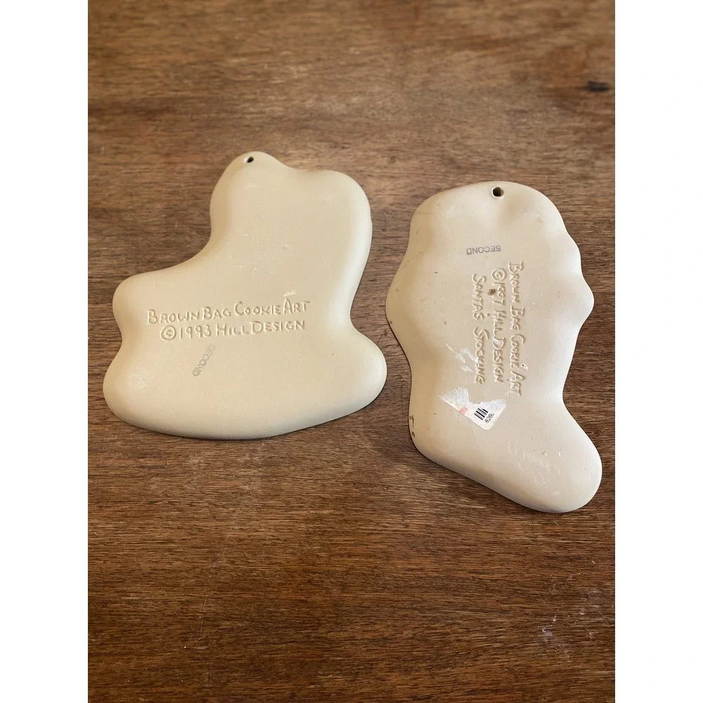2 Brown Bag Cookie Mold Santa Sleigh‎ Ceramic vintage 1993, 1997 Santa Stocking